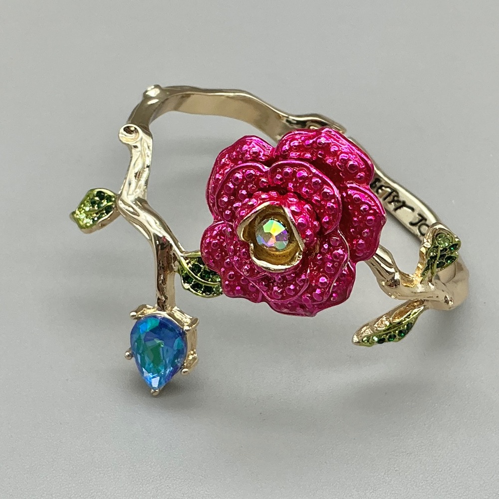 Betsey Johnson Bracelet Pink Rose Branch Crystal Gold Tone Hinged Bangle Cuff 7"